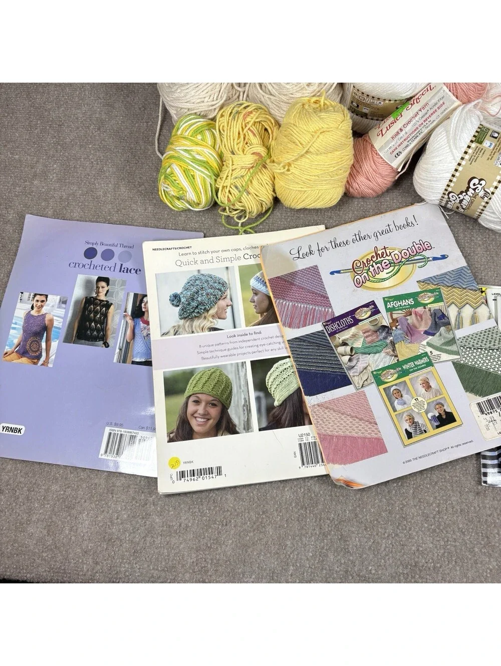 Lot of Assorted Crochet Threads Mixed Colors Cotton & Pattern Books New & Used